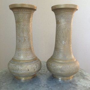 Pair(2) Brass Bud Vases Genie Bottle Peacock